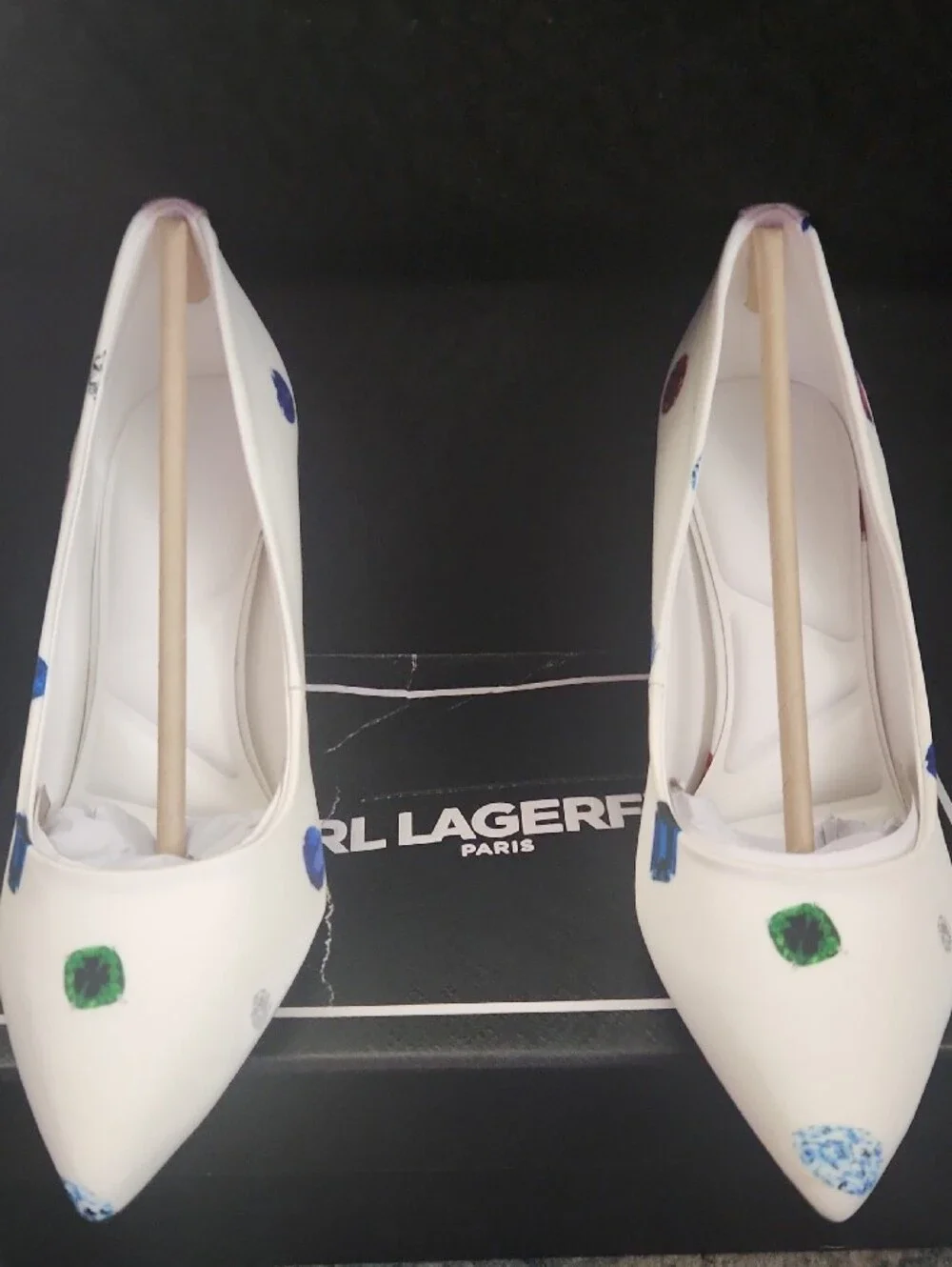Karl Lagerfeld White Pointed Toe Heels with Multicolor Gem Accents